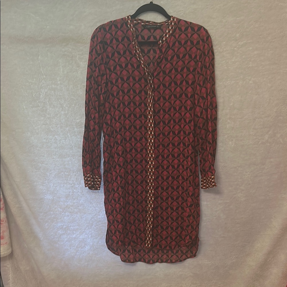 Zara Pink and Blue Long Sleeve Crew Neck Button Down Dress